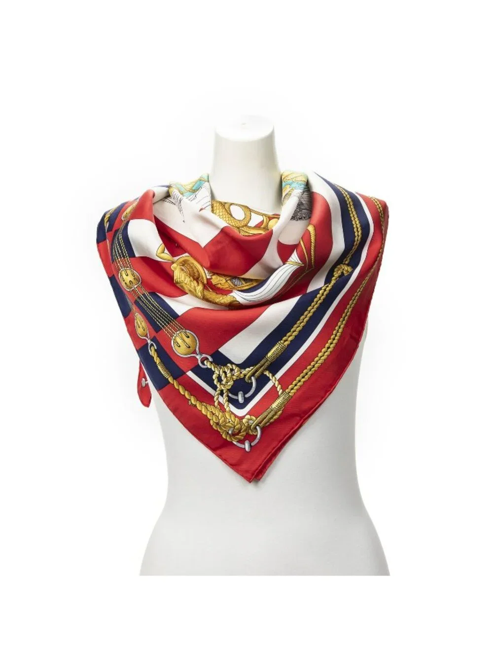 Hermes Scarf Red Gold Navy Silk